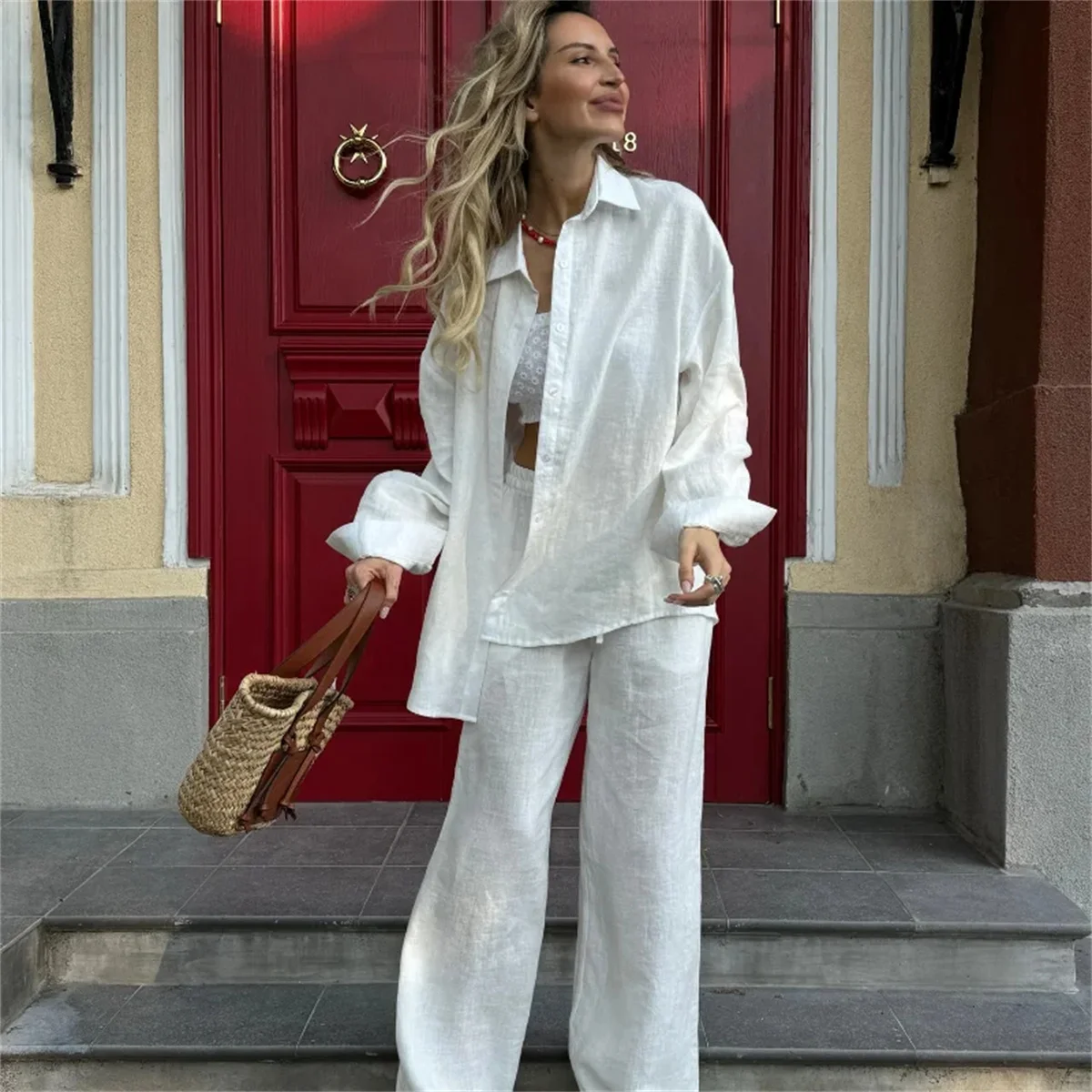 

Classic Solid Shirt Pants Set Women Casual Loose Long Sleeved Lapel Elastic Waist Two Piece Suit 2025 New Summer Street Outfit