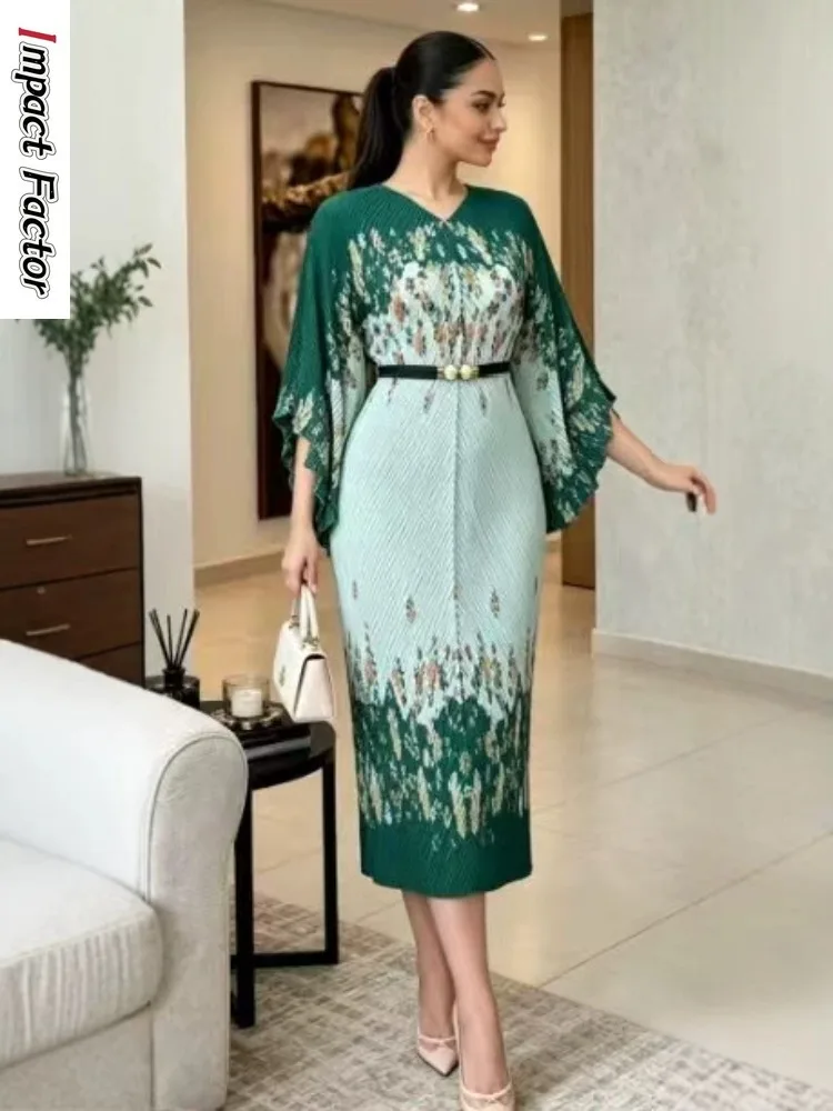 Miyake Pleated Fashion Women's Clothing 2026 New Color Matching Dress Printed Bat Sleeve V-neck Temperament Loose Dress