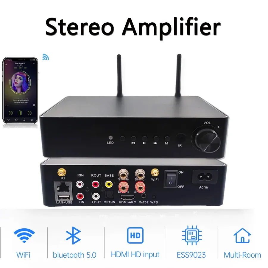 WA60 60W*2 ESS9023 WiFi and Bluetooth HiFi Stereo Class D Digital Multiroom Amplifier Airplay Equalizer Free App