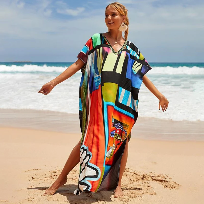 

Swimsuit Sarong Boho Printed Women Maxi Beach Cover Up Dress 2022 Robe Plage Swimsuit Over Size Beach Kaftan Pareos One Size