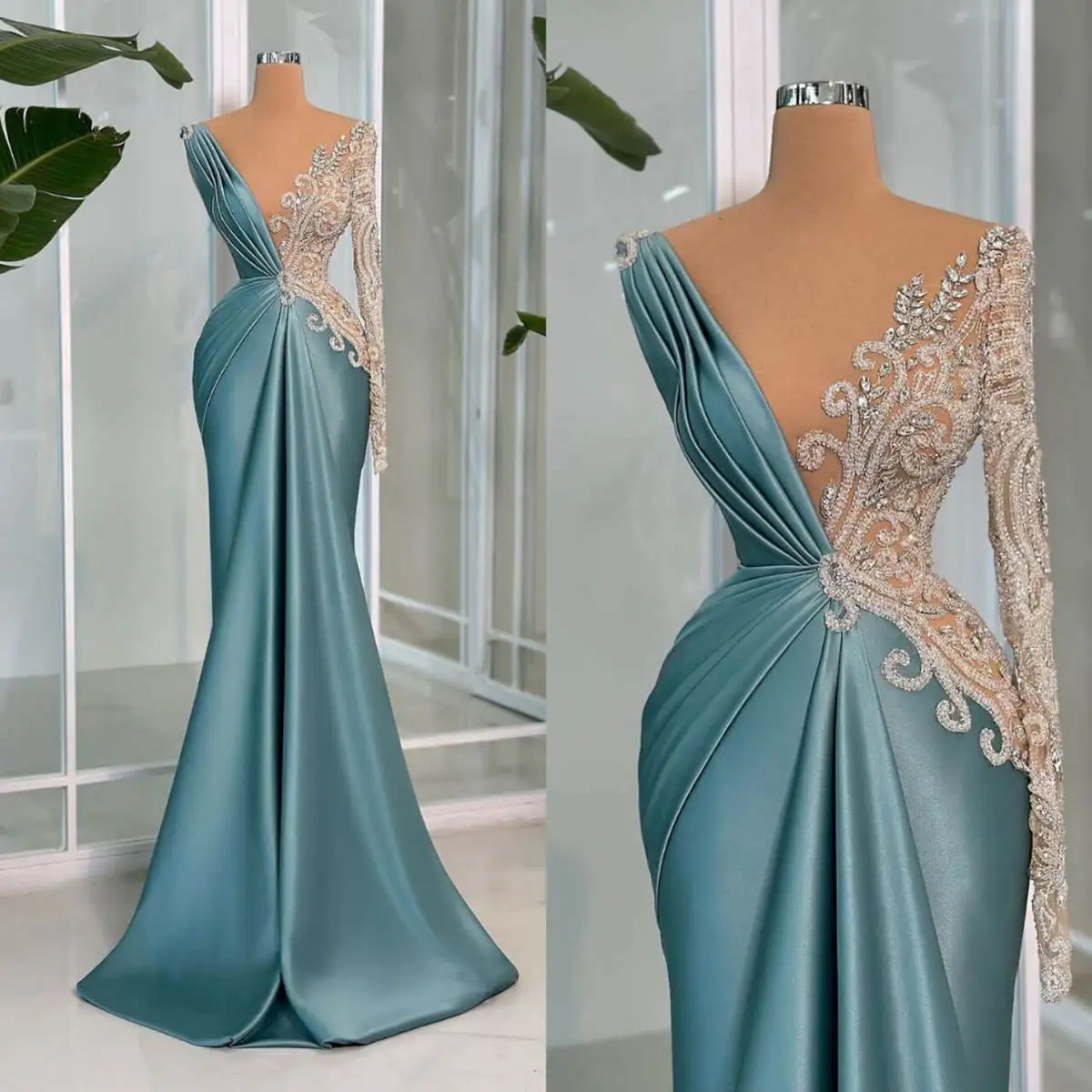 Promi Meerjungfrau Abendkleider Elegant One Shoulder Langarm Abendkleid Damen Applikationen Party Kleider Maßgeschneidert