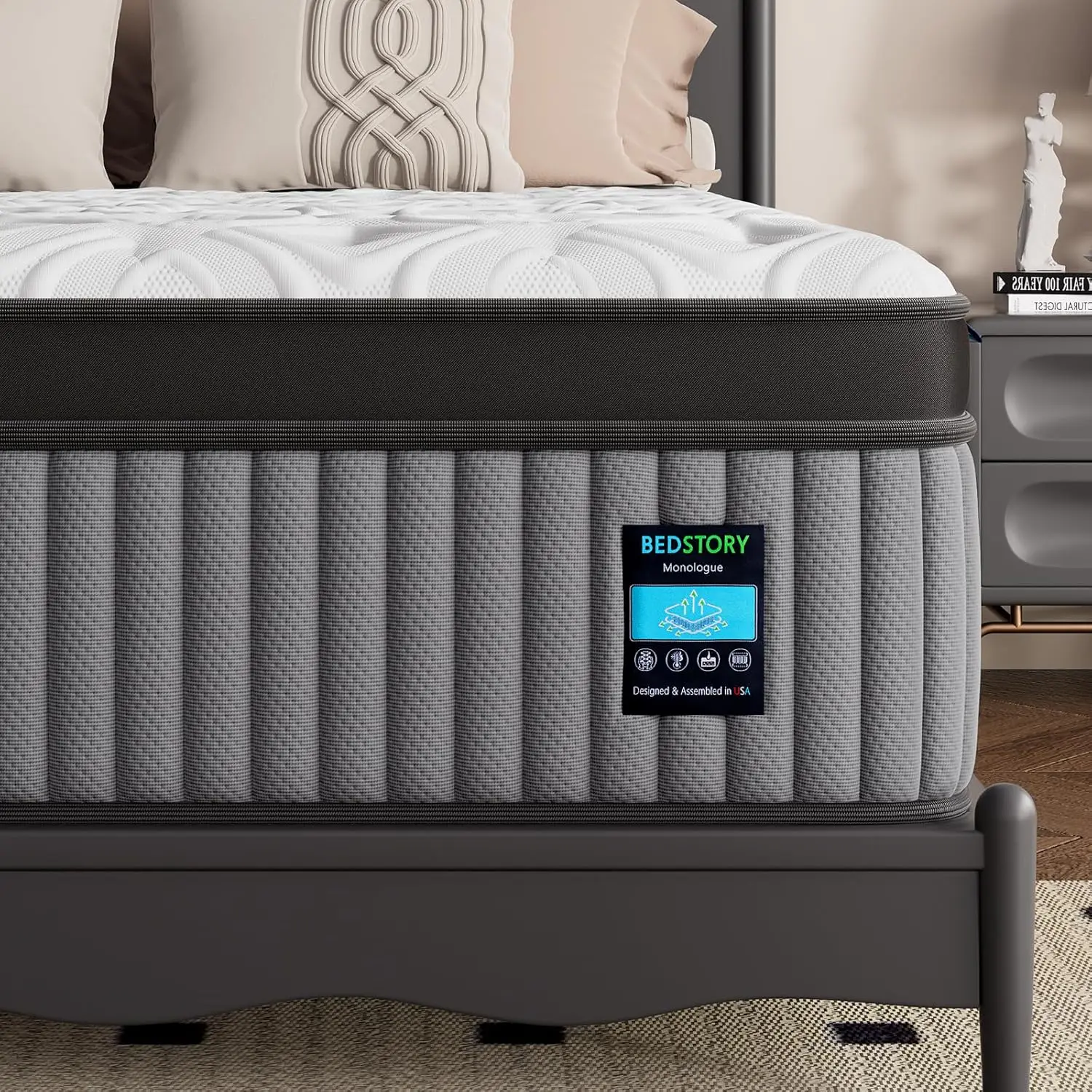 

14-дюймовый жесткий гибридный матрас с 7-зонной поддержкой, без стекловолокна, сертифицирован CertiPUR-US, 365-дневная пробная периодация и 10-летняя гарантия