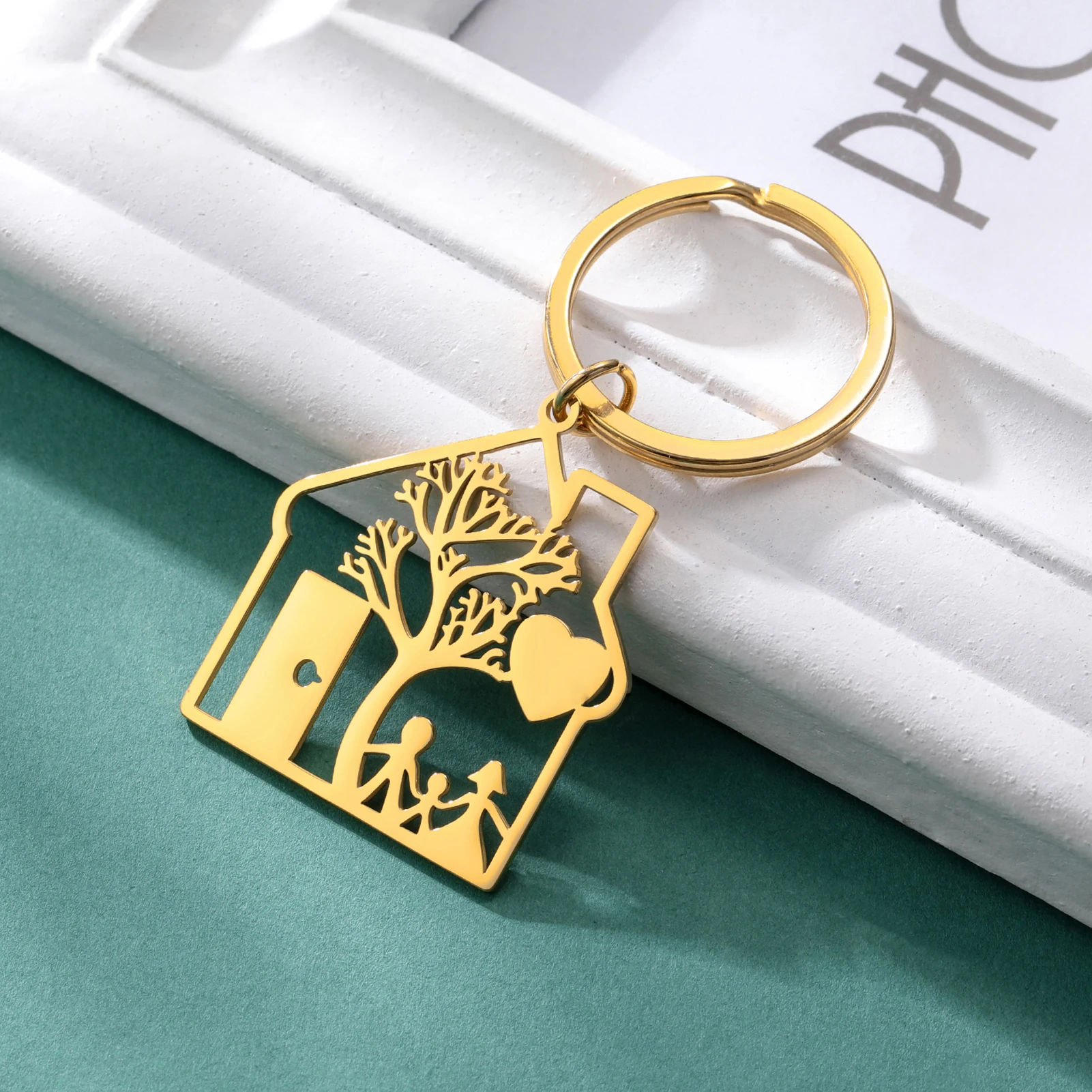 COOLTIME Familienhaus Anhänger Schlüssel bund Edelstahl Baum Liebe Mutter Papa Kind Auto Schlüssel ring Mode Verwandtschaft Schlüssel anhänger Schmuck Geschenk – Detail 9