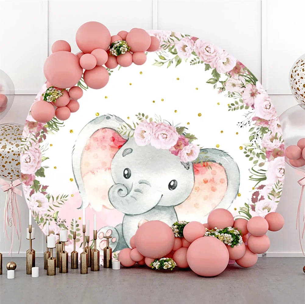 Tableclothsfactory Elephant Round Backdrop Baby Shower Boy Girl Birthday Party Pink Blue Flower Cute Circle Fabric Cover