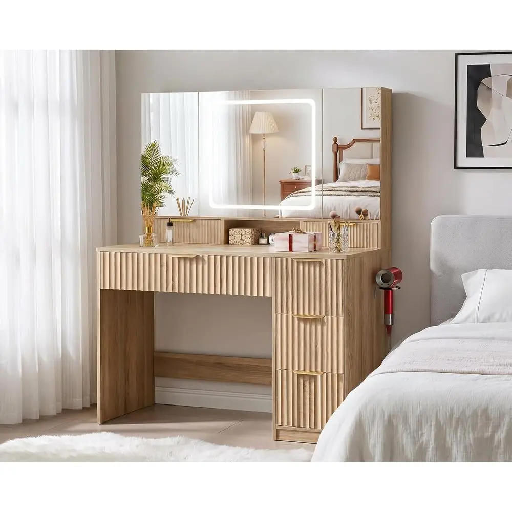 Vanity Desk with 3-Way Mirror and Lights, Makeup Vanity with 360° View Mirror, 3 Lighting es, 6 Ders,StoraCainet luted Wood Vani
