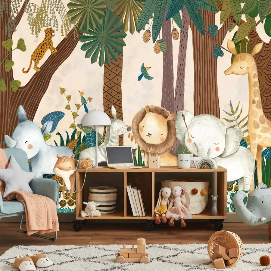 Self Adhesive Optional Wallpapers for Living Room Kids Bedroom Walls Nursery Cartoon Forest Jungle Animal Wall Papers Home Decor