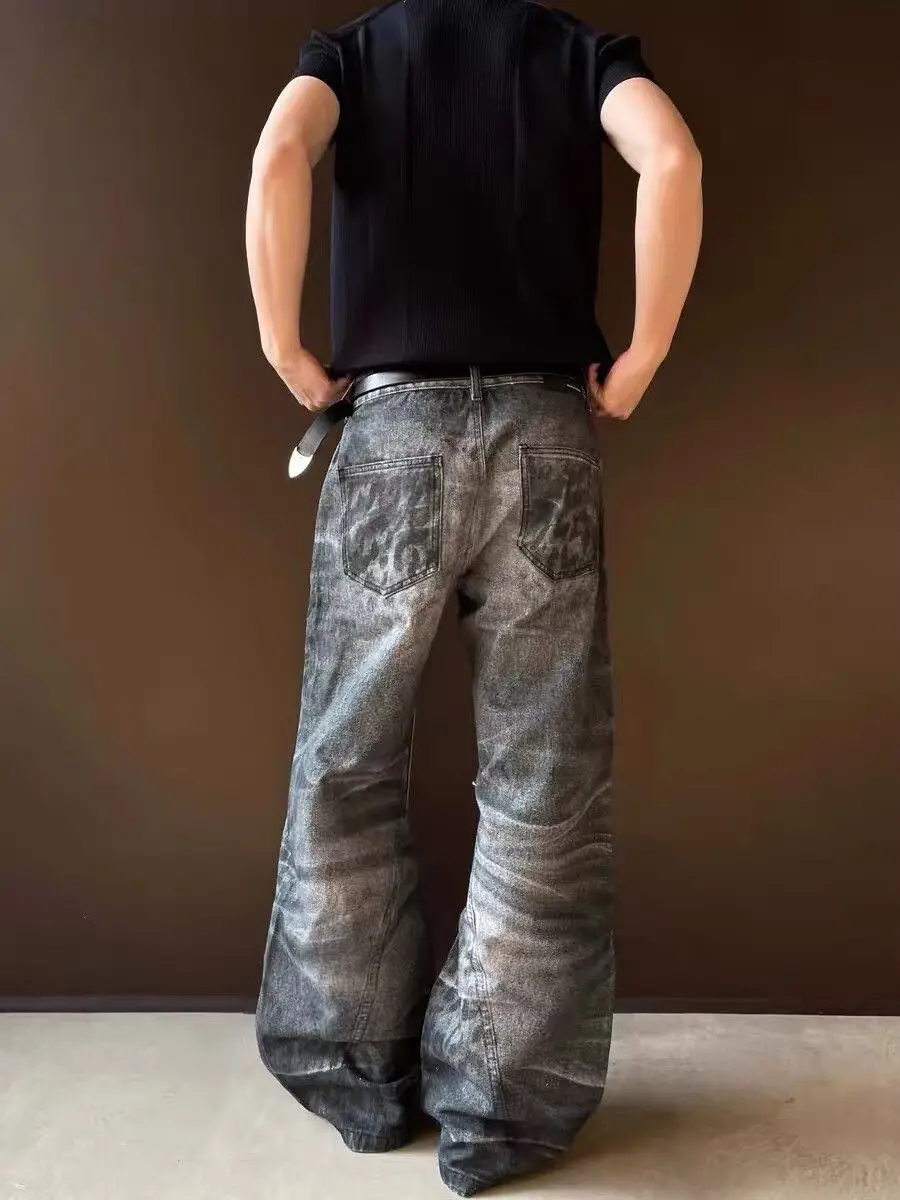 Men's Retro Leopard Print Pattern Jeans Fashion Straight Denim Trousers Street Boys Sweatpants Male Y2k Casual Wide Leg Pants