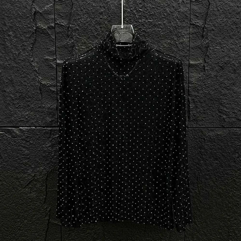 Men Autumn T-Shirt Hot Diamond Starry Sky Shining Ballroom T-Shirt Fashion Nightclub Stage Performance Hollow Top Men'S Clothing