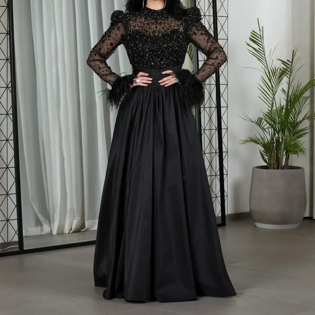 

Long Sleeves O-Neck Prom Dresses Vestidos De Fiesta Pleated Beadings Feathers Floor Length Evening Dresses Customized