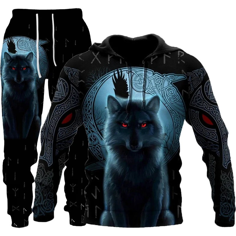 

Men's Hoodie Set Fashion Wolf 3D Printed Casual Hoodie Pants Two-Piece Set Trendy Streetwear Casual Sports Suit
