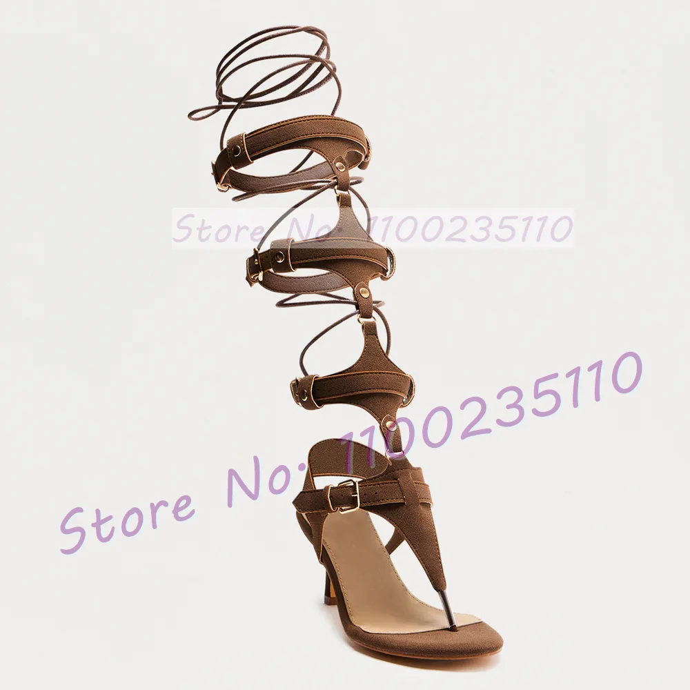 Brown Suede Cross Tied High Heels Sandals Female Sexy Puttee Hollow Out High Heels Trendy Party Metal Buckle Strap Chic Sandals
