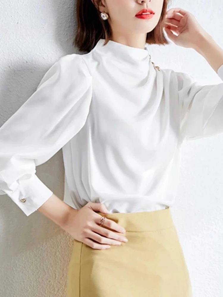 Elegant Women Blouses Satin Female Metal Button Shirts Blue White Office Lady Work Wear Tops Long Sleeve Femme Blusas Chiffon