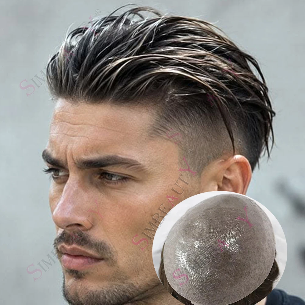 Men's Toupee Human Hair Natural Hairline 0.06mm Thin Skin Vloop Man Wig #18 380#Grey Brown Blonde Male Hair Prosthesis Capillary
