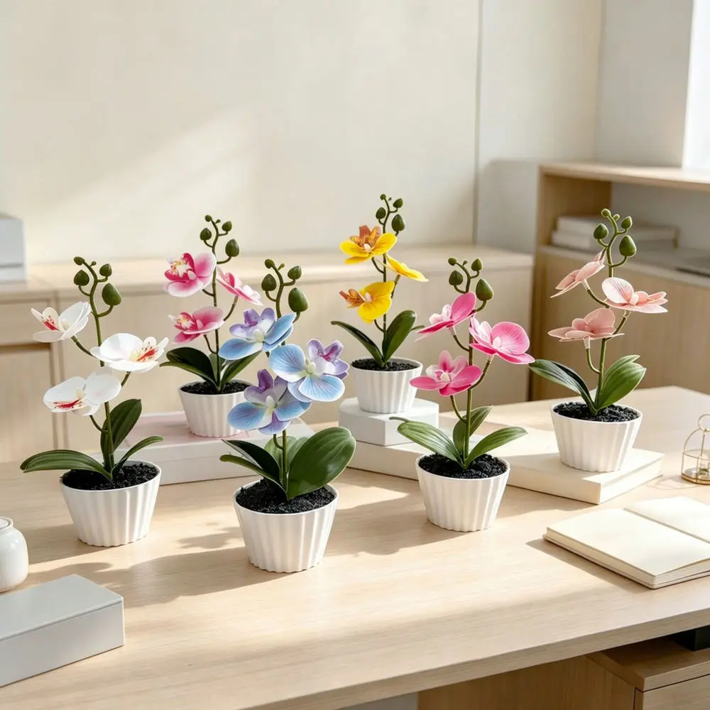 Realistic Phalaenopsis Potted Flower Decorative Faux Orchid Bonsai Soft Rubber Artificial Plant For Interior Home Decor