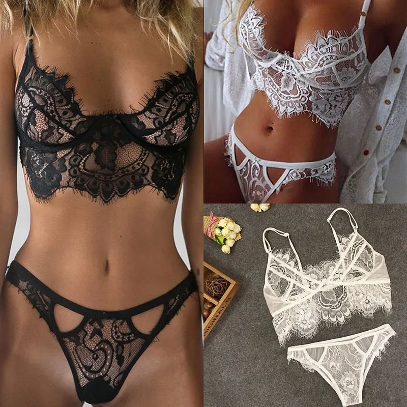 Solid Lingerie Set Exotic Apparel Open Cup Hollow Out Unlined Bra Sheer Sexy Lace Bra Set Transparent Lace Floral Underwear Set