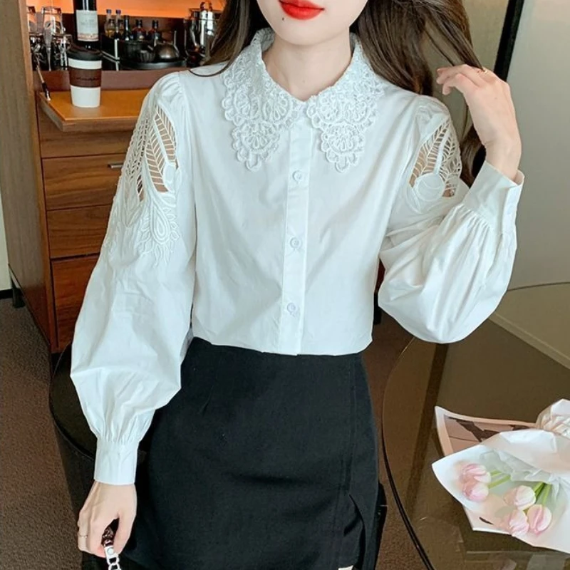 

Spring Autumn Embroidered Blouse 2026 New Long Sleeve Elegant White Hollow Out Shirt for Women
