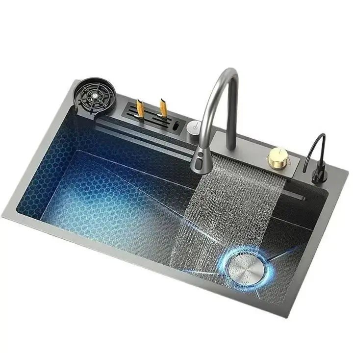 Single Bowl Rainfall Faucet Nano Black Stainless Steel Multifunctional Kitchen Sink Four Holes Rectangular Handmade with Faucet