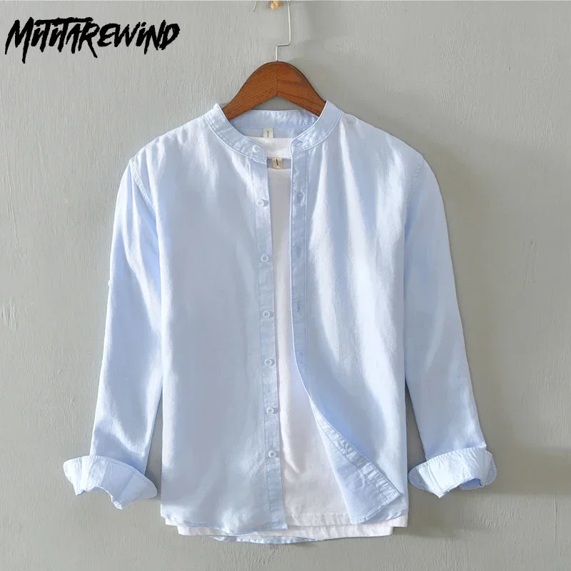 

Простые мужские рубашки с длинным рукавом, весна-лето, пляжная хлопковая льняная рубашка, мужская повседневная однотонная рубашка с воротником-стойкой, 4XL, дышащая одежда