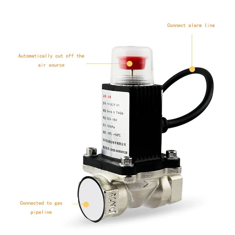 Gas Leak Detector Household Combustible Natural LPG Methane Sensor Alarm System with Solenoid Shut Off Brass Valve DN20