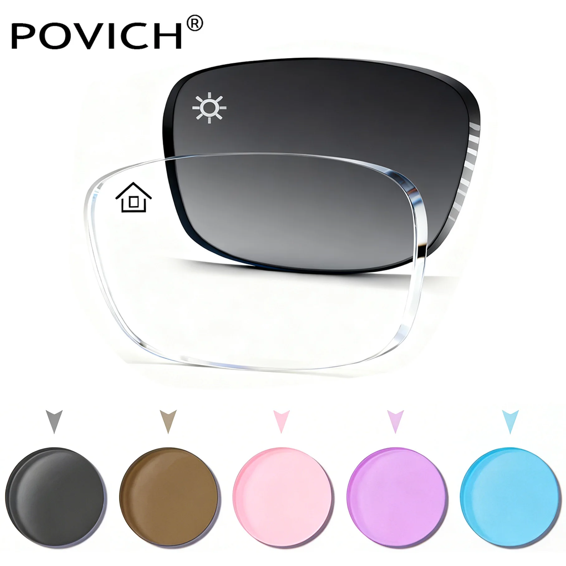 

POVICH Prescription Photochromic Lenses 1.56 1.61 1.67 (+12.00~-12.00) CR-39 Aspheric Hyperopia Myopia Photochromic Lenses