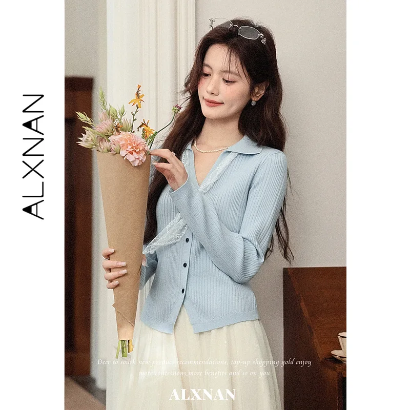 ALXNAN Fine Striped Women's Blue Pullovers Polo Lapel V-neck Split Hem Design Sweaters Slim-fit Elegant Female Clothing L67623