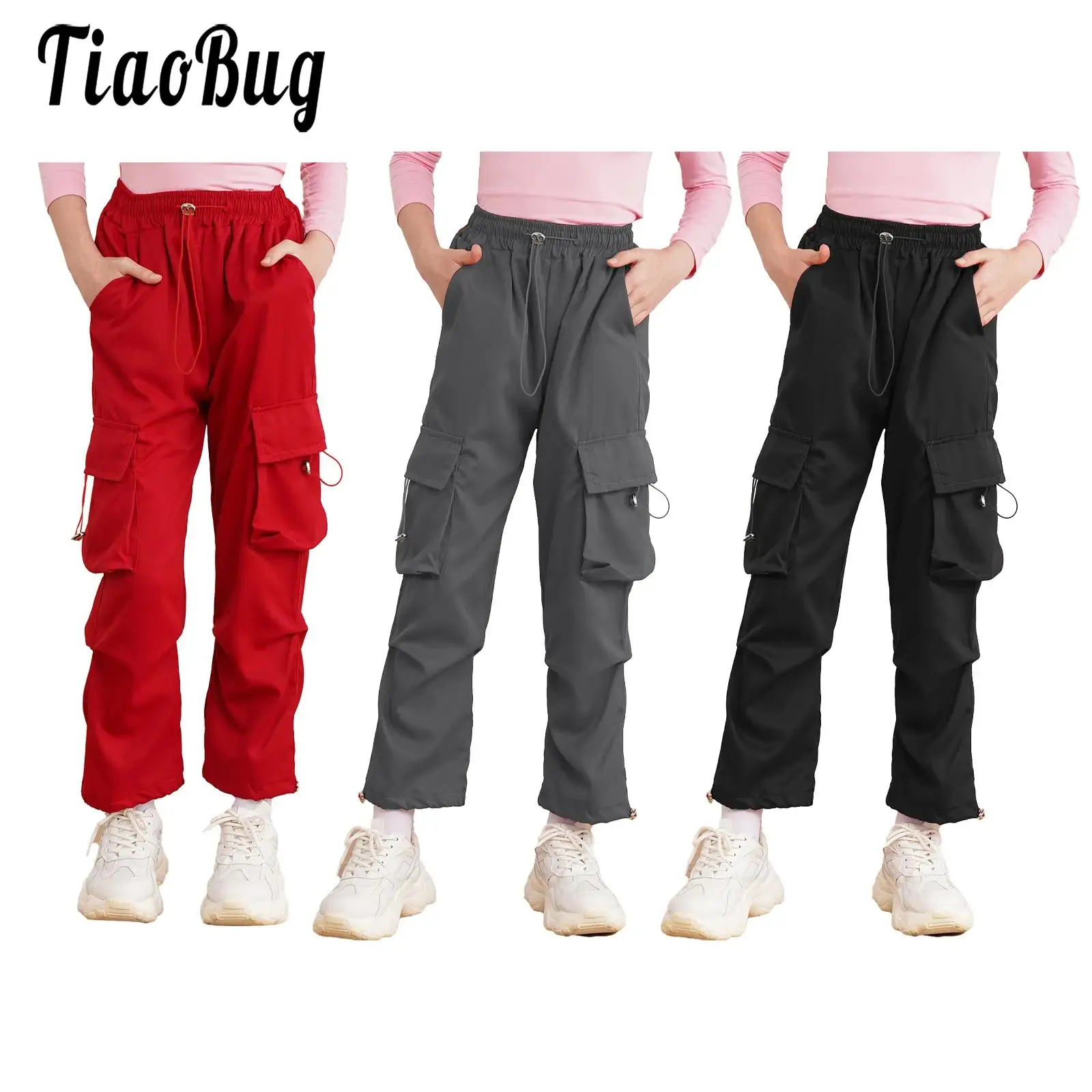 

School Girls Sweatpants Loose Drawstring Casual Pockets Cargo Pants Youth Girl Skateboarding Hip-Hop Dance Kids Trousers 5-15Y