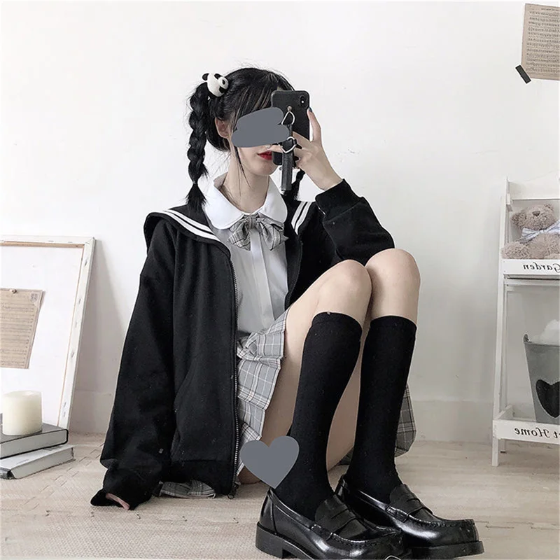 Kawaii Black Zip Up Hoodie Women Sailor Collar Sweatshirt Japanese Streetwear Soft Girl Fashion Oversized Sweatshirt