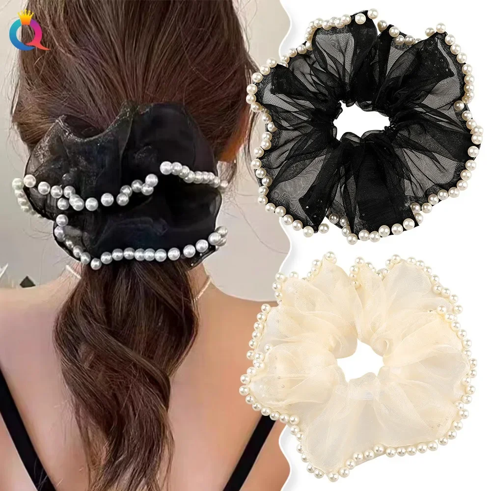 Fashionable Rhinestone Pearl Hair Ring White Flower Black Mesh Sweet Scrunchie Women Ponytail Elegant Hair Accessories