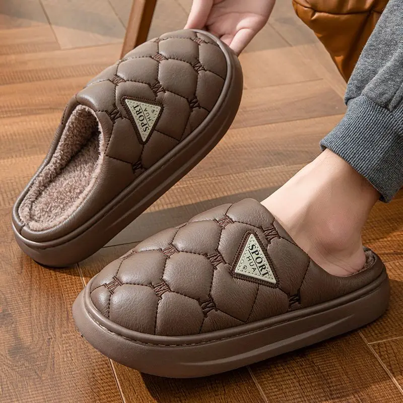 

Plus Size Men's Winter Cotton Slippers Indoor Outdoor Furry Warmth Non Slip Home Thick Sole Waterproof PU Leather Slippers
