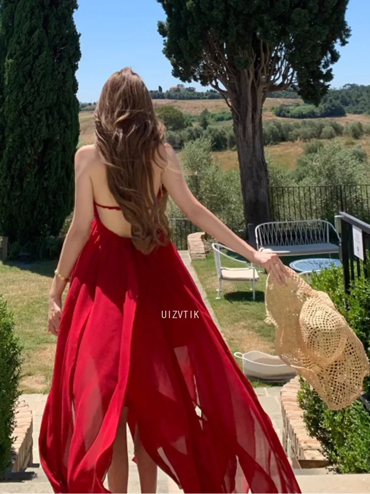 Sommer Rot Elegan Sexy Unregelmäßige Rüschen Party Abendkleid Frauen Schlank Ärmellose Backless Lange Kleider Urlaub Strand Robe