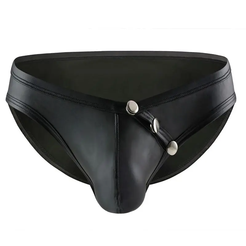 

Men's Sexy Brief Underwear Gay Erotic Low-rise Detachable Button Design U Convex Pouch Panties PU Leather Underpant Homme Bikini