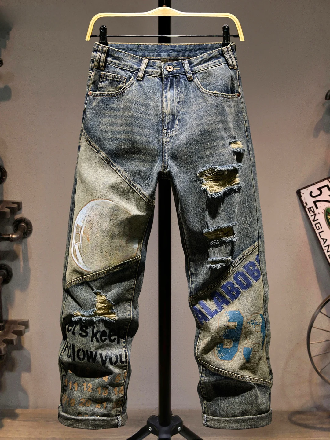 

Trendy American Street Sle Ripped Jeans Men's Loose Straight Leg Long Trousers Color Blo Faionable Casual Pants