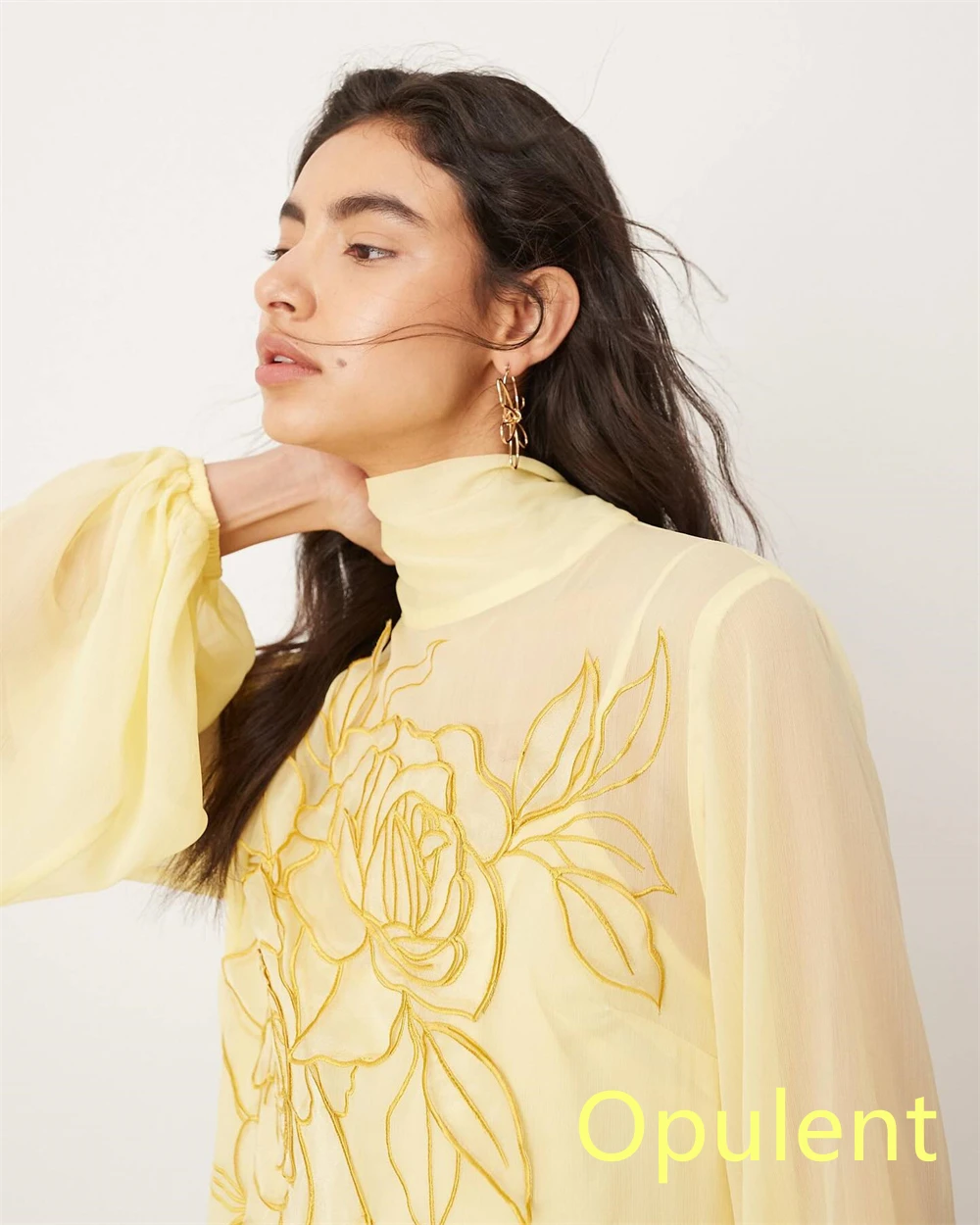 Customized  Exquisite Yellow Chiffon Evening Dress High Collar Long Sleeves Celebrity Gowns Vestido De Festa Appliques image 6
