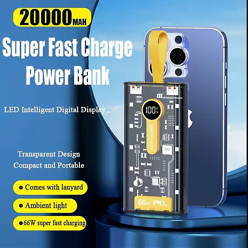 

New 20000mAh Portable Power Bank 66W Fast Charging Powerbank PD20W Spare External Battery Charger for IPhone Xiaomi Huawei Phone