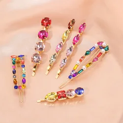 Luxury Elegance Women Green Pink Geometric Crystal Rhinestones Metal Barrettes Hairpins Bobby Pin Hair Clip Hair Accessories