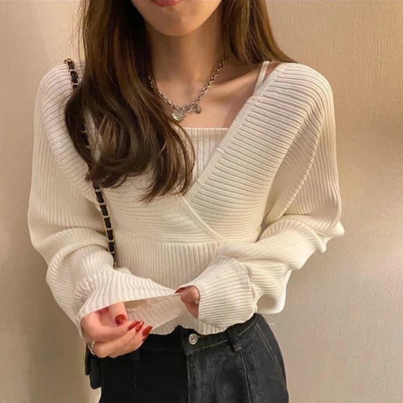 Autumn Korean Women Solid Color Fake Two Piece Long Sleeve Chic Knitted Sweater