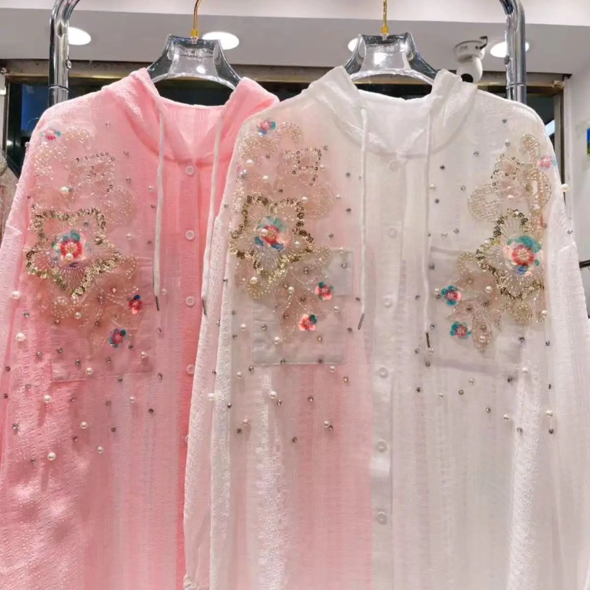 

Luxury Hooded Sparkle Diamonds Sequins Embroidery Loose Casual Mid-length Shirts Blouses Women's 2025 Spring Summer Top Clothes