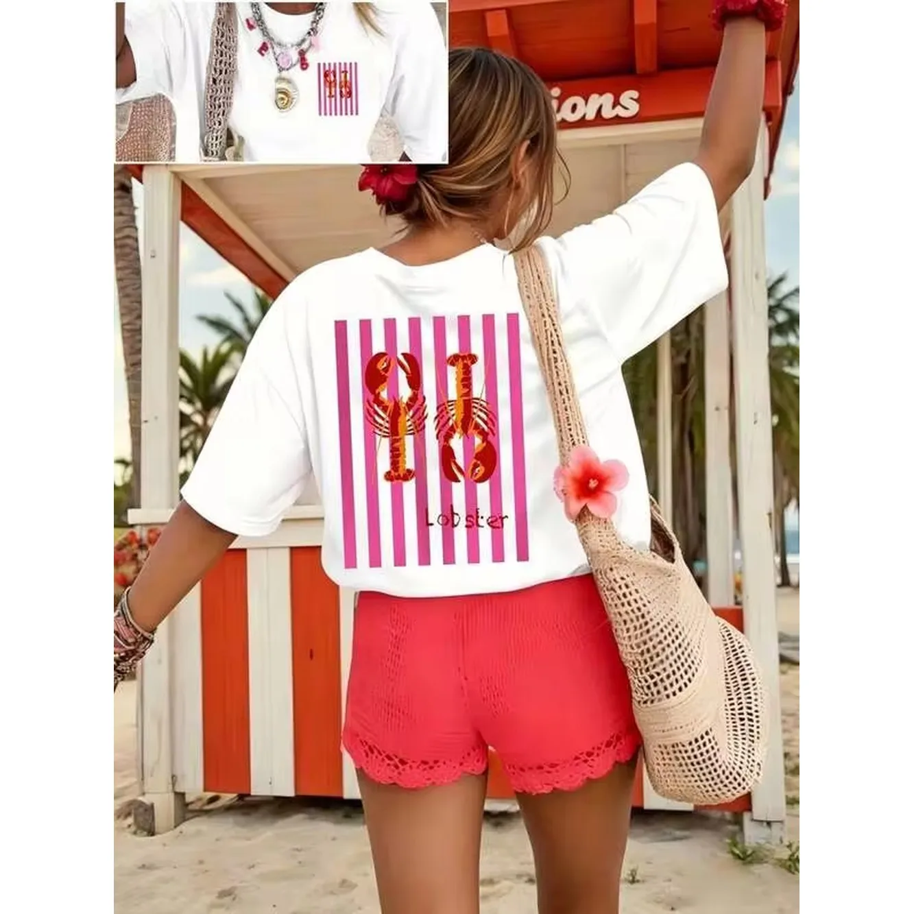 2026 New Front And Back Printed Lobster Stripe Casual Short-Sleeve T-Shirt, Women's Summer Loose-Fitting Vacation Style Versatile Top