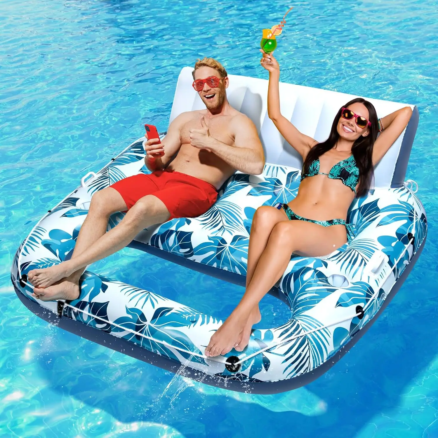 

Oversized 3-Person Inflatable Pool Lounger with Backrest, Footrest, Cup Holders for Adults