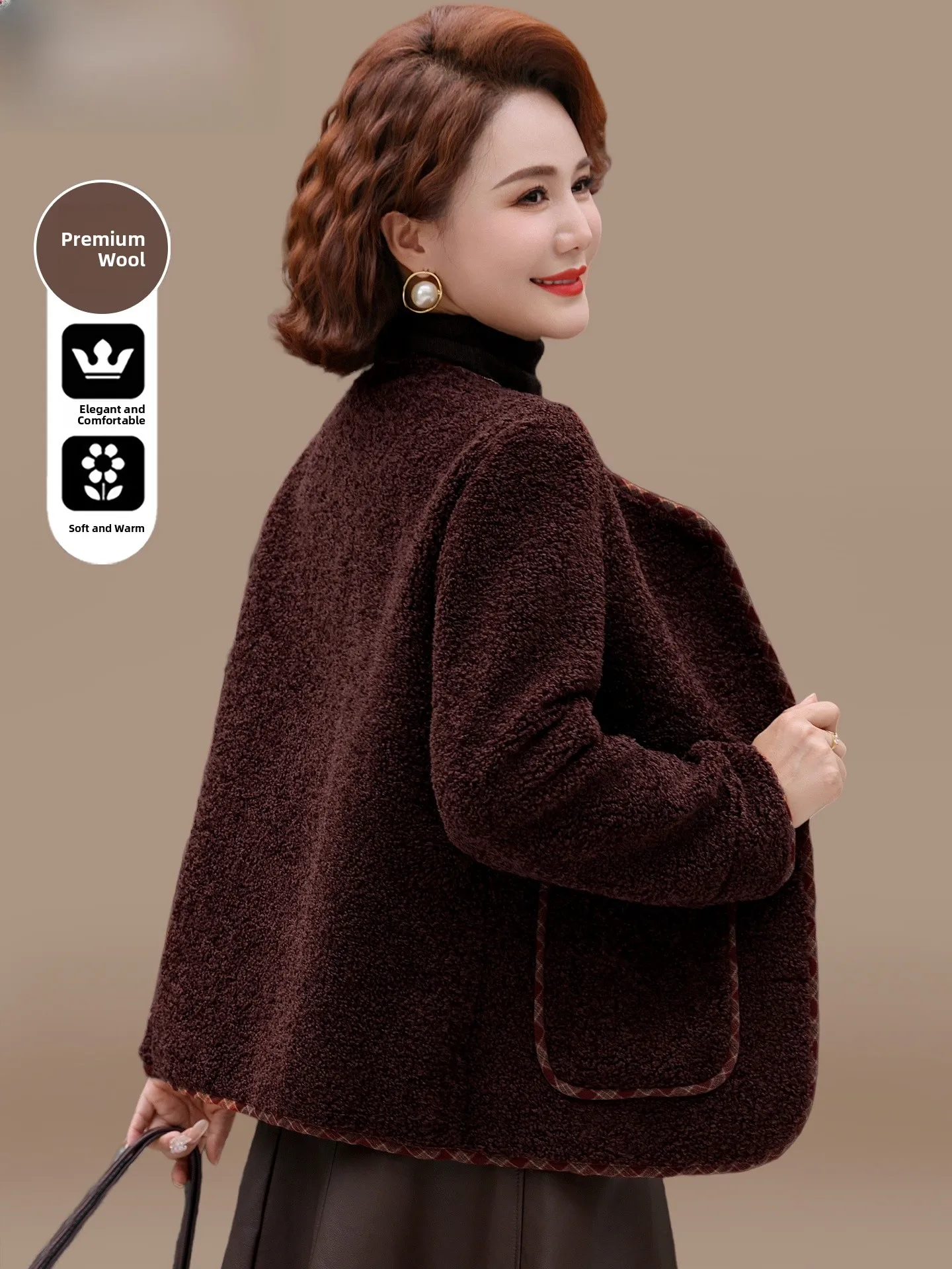 

Autumn Winter Woolen Coat for Middle-Aged Women Casual Loose Fit Warm Thiened Polyester Fiber round Ne Single Button