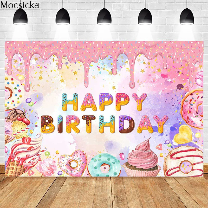 Mocsicka Candy Donut Background Photography Baby Birthday Party Decoration Cake Smash 1st Birthday Party Photo Background Banner