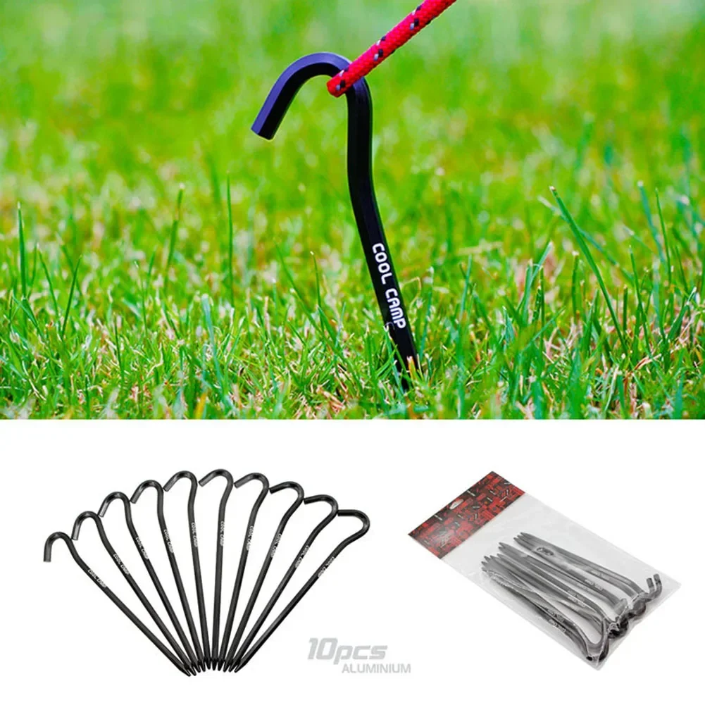 10 Pcs Tent Pegs Hexagon Rod Lightweight Aluminum Alloy Tent Pegs With Hook Black For Outdoor  Camping Tent Awning