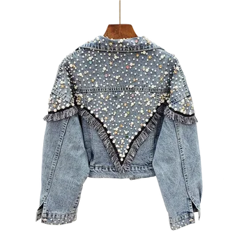 2024 New Mujer Spring Autumn Streetwear Denim Jacket Women Hand-studded Pearls Punk Tassel Denim Jacket Femme Loose Short Jeans Coats