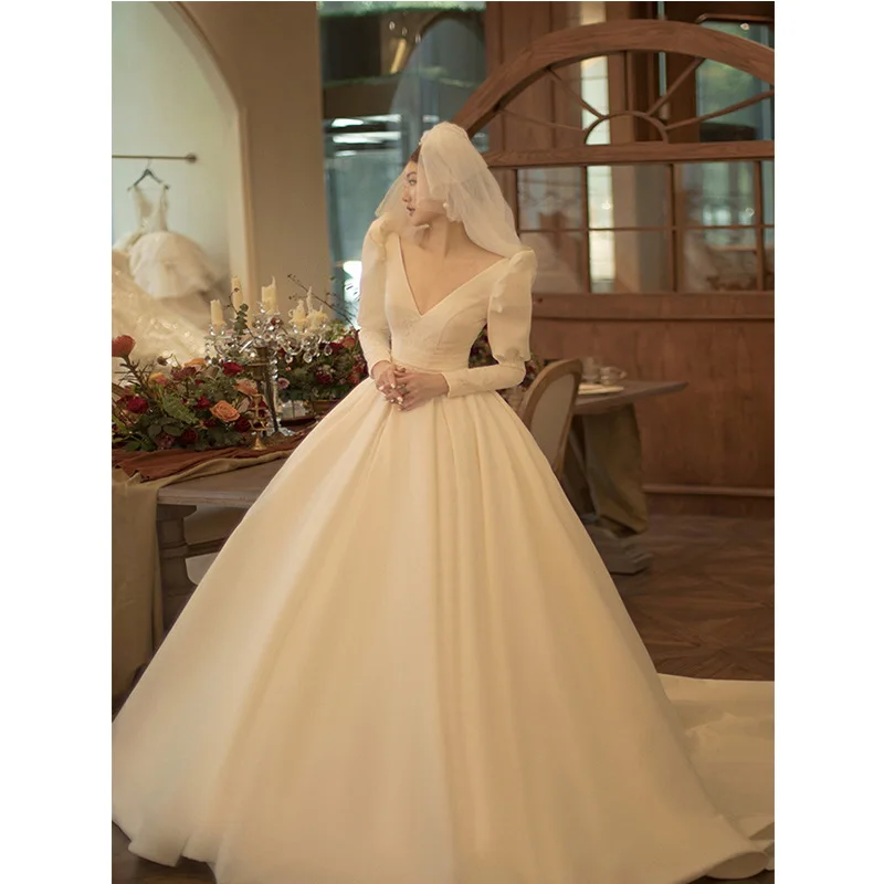 

French Wedding White Satin Backless Dress Vestidos De Noiva Sexy V-neck Long Sleeves A Line Bridal Gown