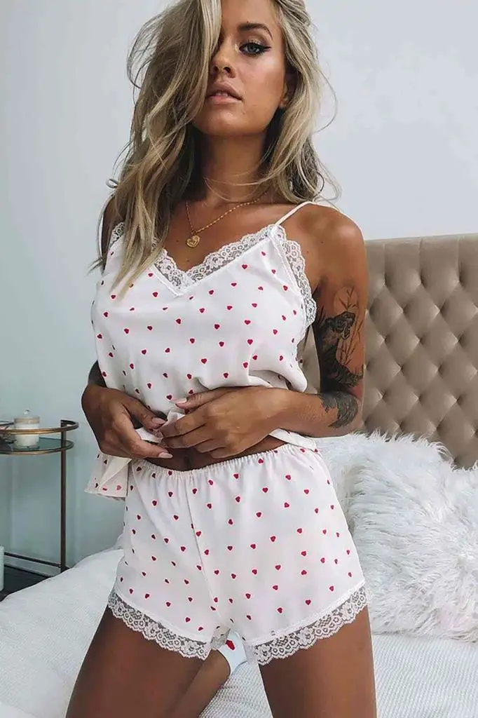 Merry See Lace Embroidered Hearted Shorts Pajamas Suit White