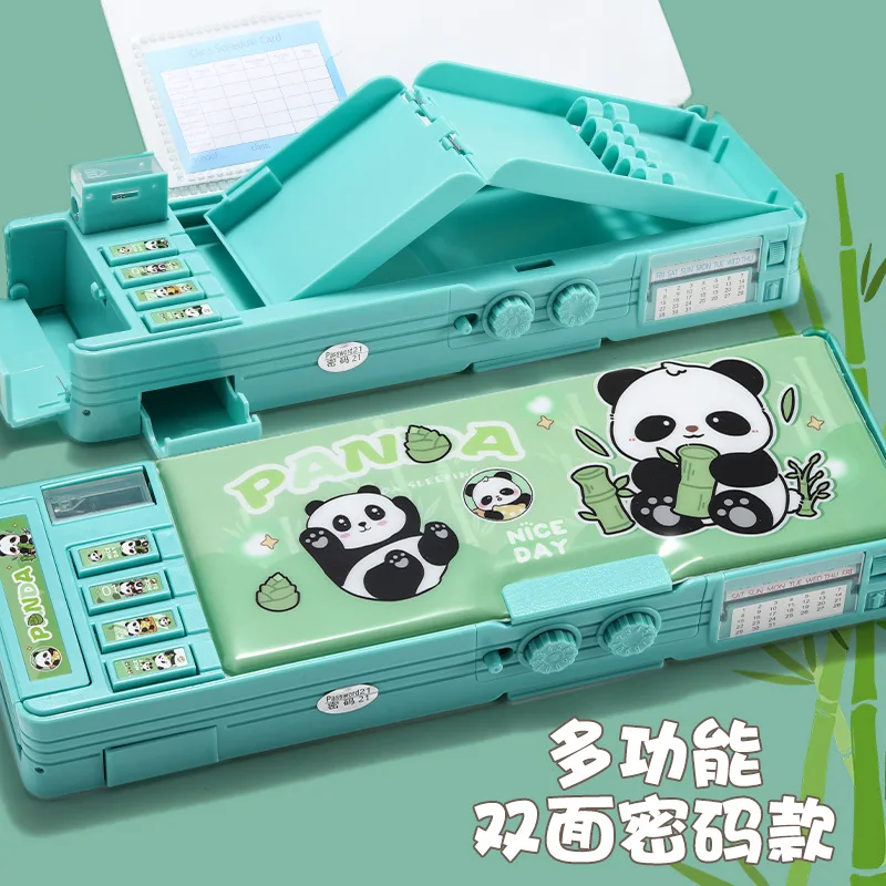 Caja de papelería con bloqueo de contraseña Panda, estuche de lápices de órgano multifunción de doble capa de alto valor para estudiantes escolares