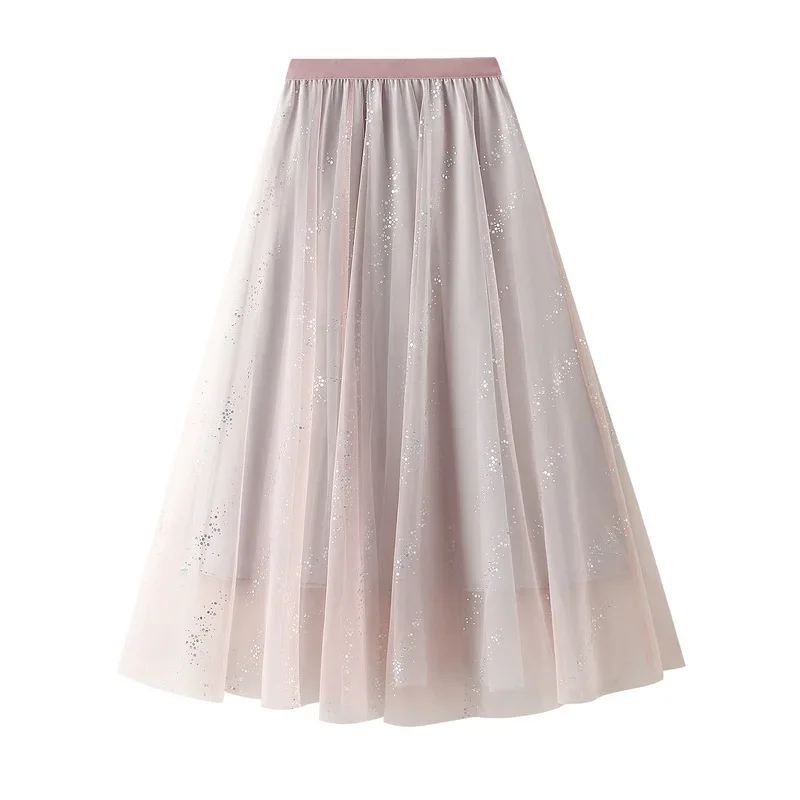 2026 New Summer Fashion Women High-waisted  A-line Mesh Skirt Elegant Casual Large Hem Glittery Fairy Skirt