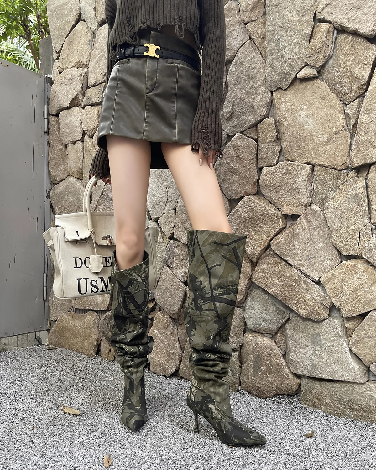 New Fashion Mixed Color camouflage Pointed Toe Thigh High Over Knee Boots Women Slip-on Stiletto Heels Dress Runway Shoes Lady