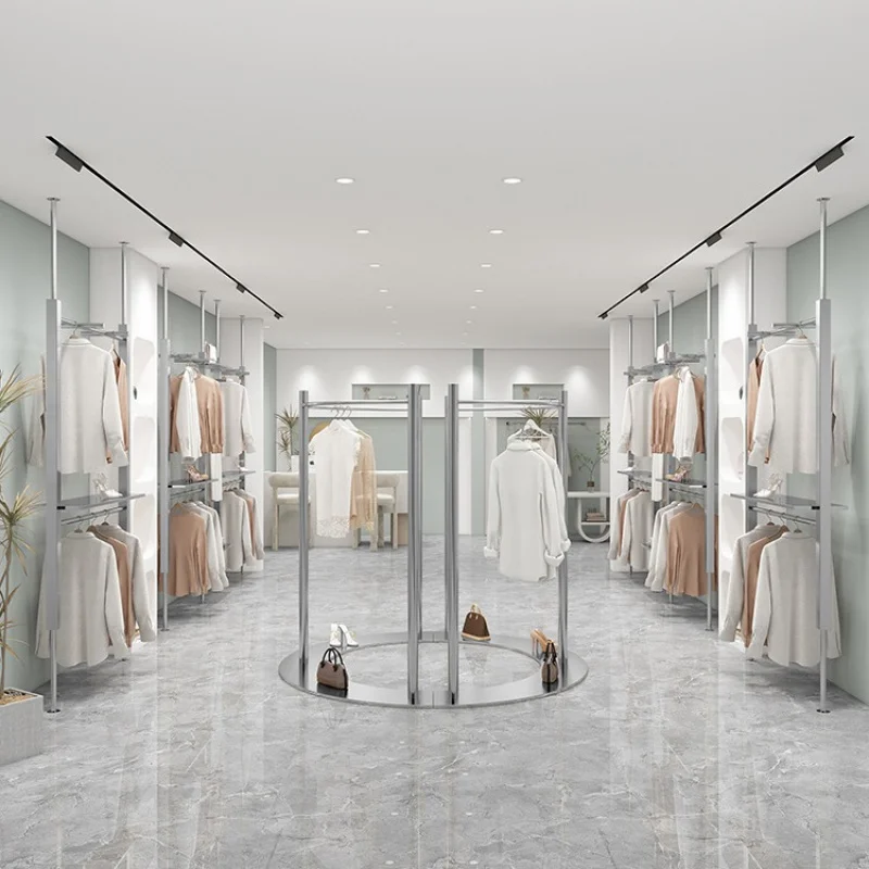 Custom. Stainless Steel Wall-Mounted Shelf Column Men's Women's Clothing Store Double Layer Clothes Rack Display Rack Clothing S