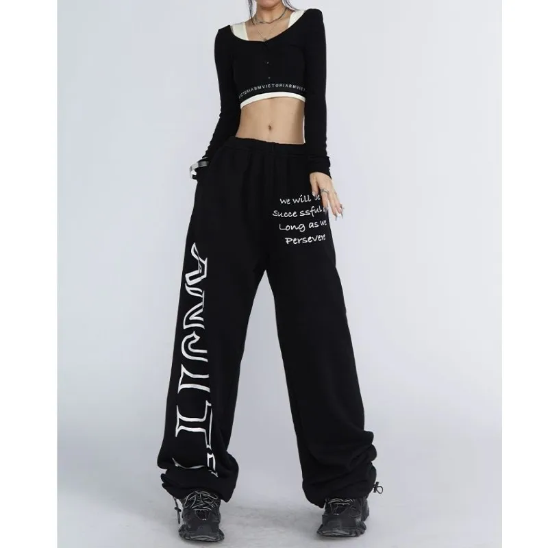Drawstring Design American Trendy Sweatpants Women High Street Hip-hop Wide Leg Pants Women New Summer All-match Long Trousers